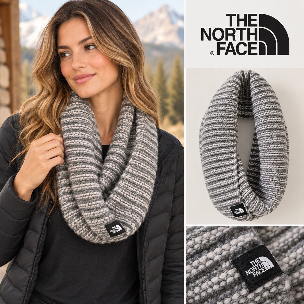 The North Face Nanny Knit Infinity Scarf Grey White Striped Chunky Loop Scarf